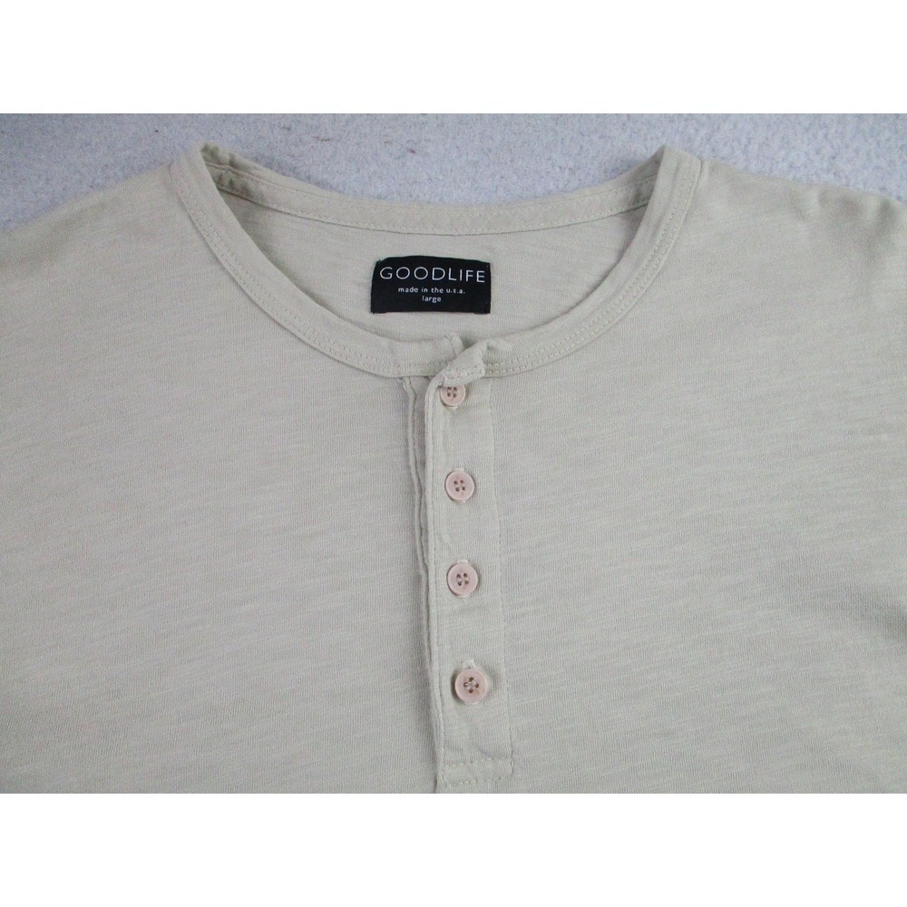 Goodlife Shirt Mens Large Beige Short Sleeve Henley Slub 100% Cotton Made in USA - Picture 3 of 9